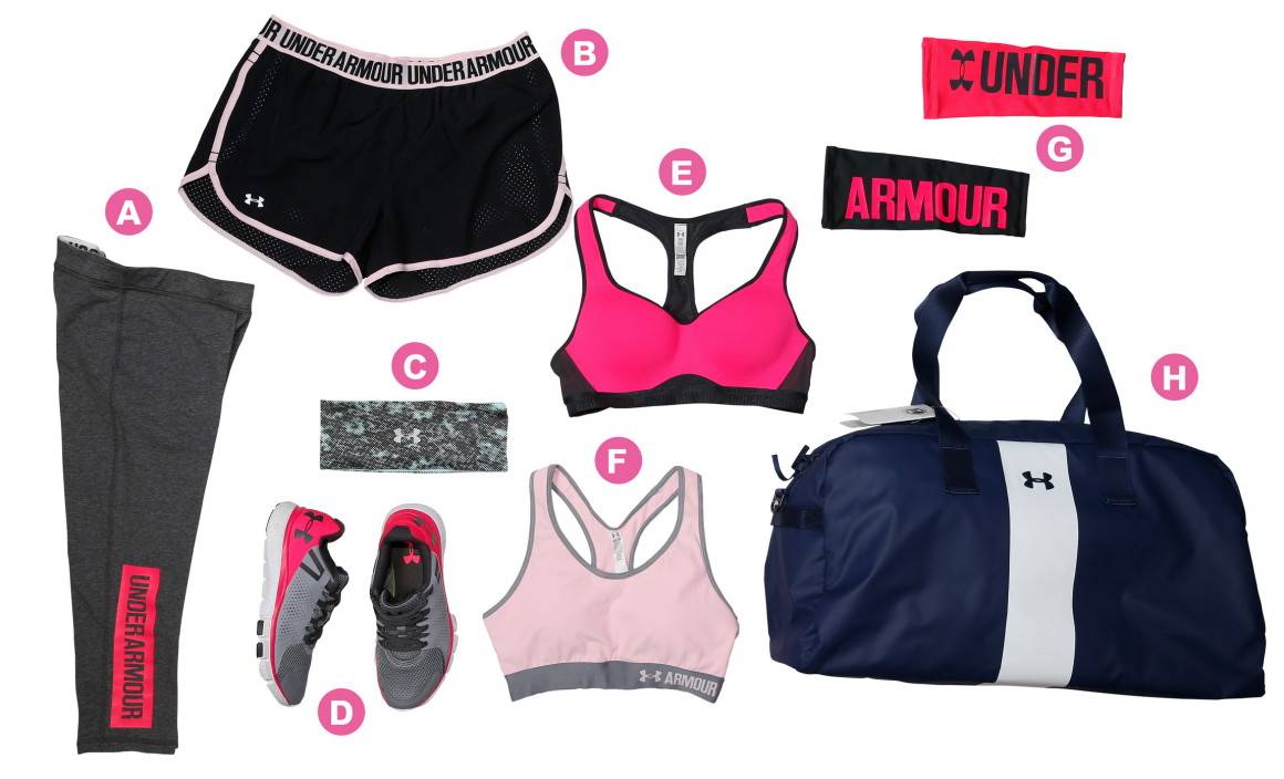 A.Under Armour Capris $399 B.Under Armour Perfect Pace Short $299 C.Under Armour Reversible Headband $249 D.Under Armour UW W Mirco G Limitless TR $749 E.Under Armour HeatGear Armour High Support Sports Bra $549 F.Under Armour HeatGear Armour Mid Control Sports Bra $349 G.Under Armour Graphic Compression Calf Sleeves $299 H.Under Armour Duffel Bag $799 Under Armour / L7 Shop 08-09 