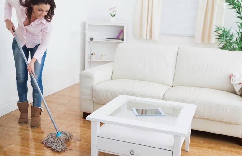 防潮 Woman mopping living room floor
