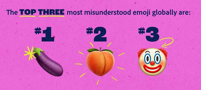 三個最容易令人誤會的符號依次為茄子、水蜜桃、小丑。（圖片來源：Adobe授權圖片）
