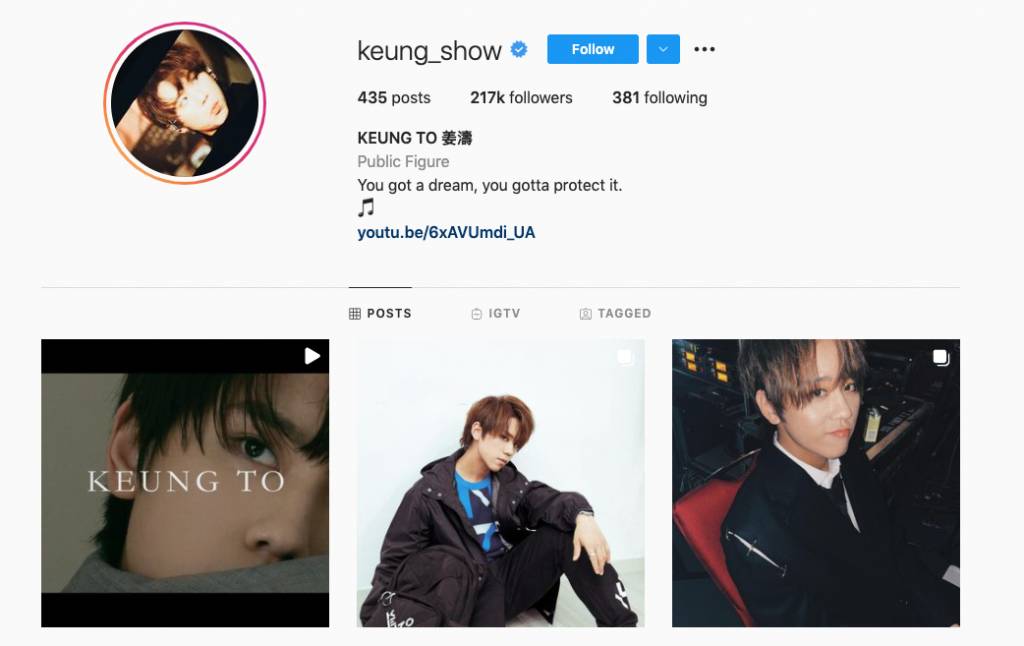 【Instagram】姜濤(keung_show)Instagram粉絲數短短出道兩年就已經有21.7萬。