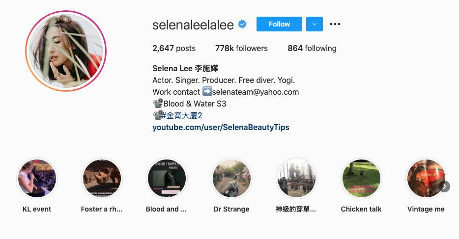 第7位李施嬅(selenaleelalee)Instagram粉絲數77.8萬。
