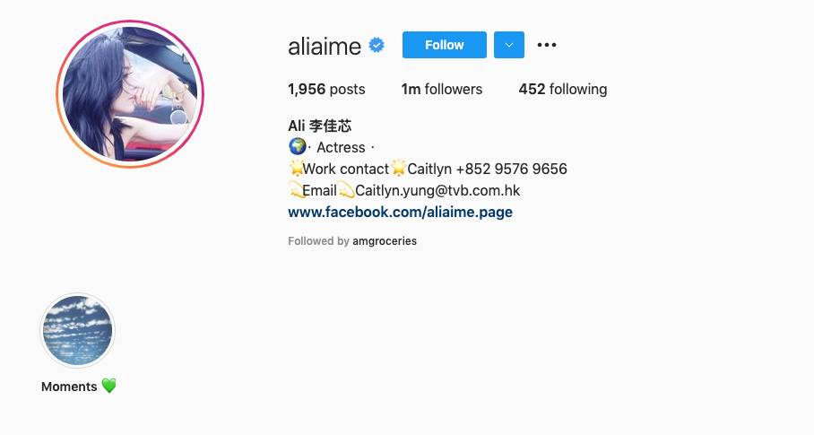 第4位李佳芯(aliaime)Instagram粉絲數102萬。