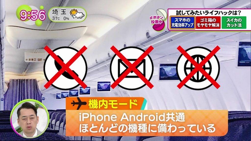 日本電信商指出，「飛行模式」是指暫停SIM卡接收訊號功能，一般會在飛行時使用，所以Android及iPhone機種都適用。（圖片來源：節目影片截圖）