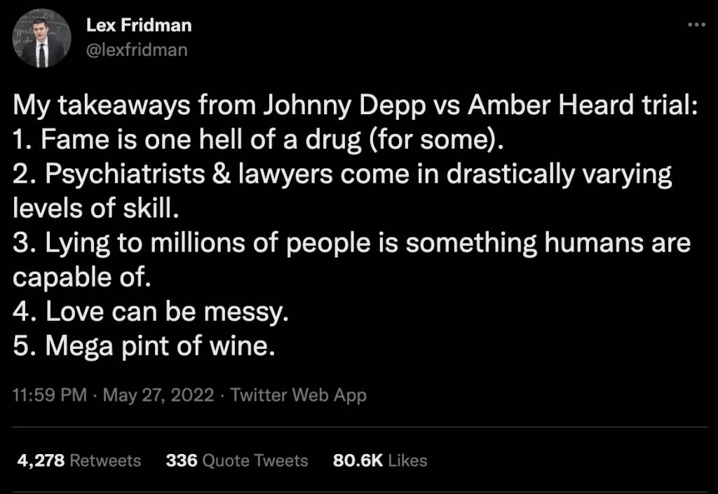 Johnny Depp官司 Lex Fridman在Twitter上就官司發表言論