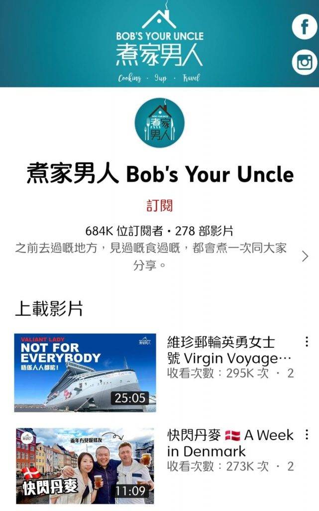 youtuber Bob叔平均每條影片都有超過20萬點擊。