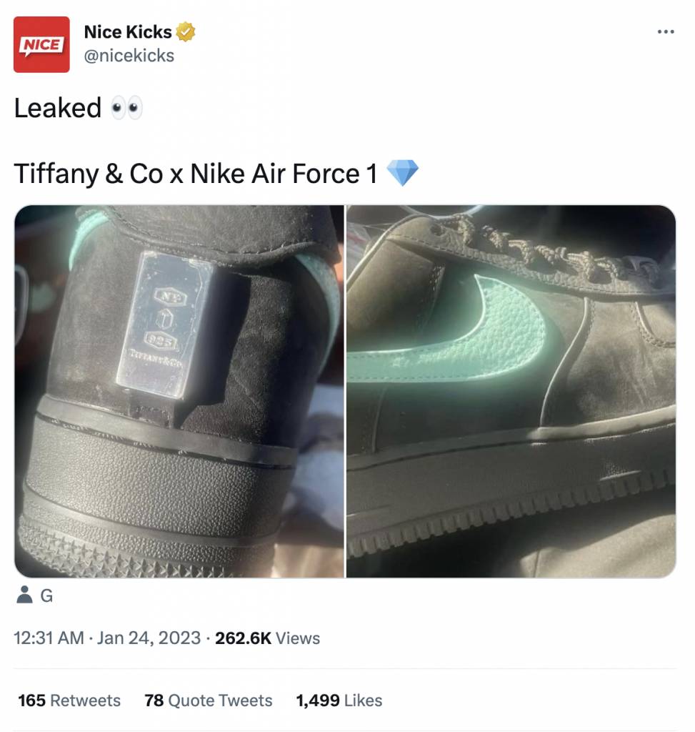 聯乘系列實物圖曝光 Nike x Tiffany & Co. Air Force 1 Nike x Tiffany & Co. Air Force 1 Nike x Tiffany & Co. Air Force 1