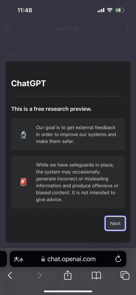 ChatGPT手機 同意按「Next」進入下一步