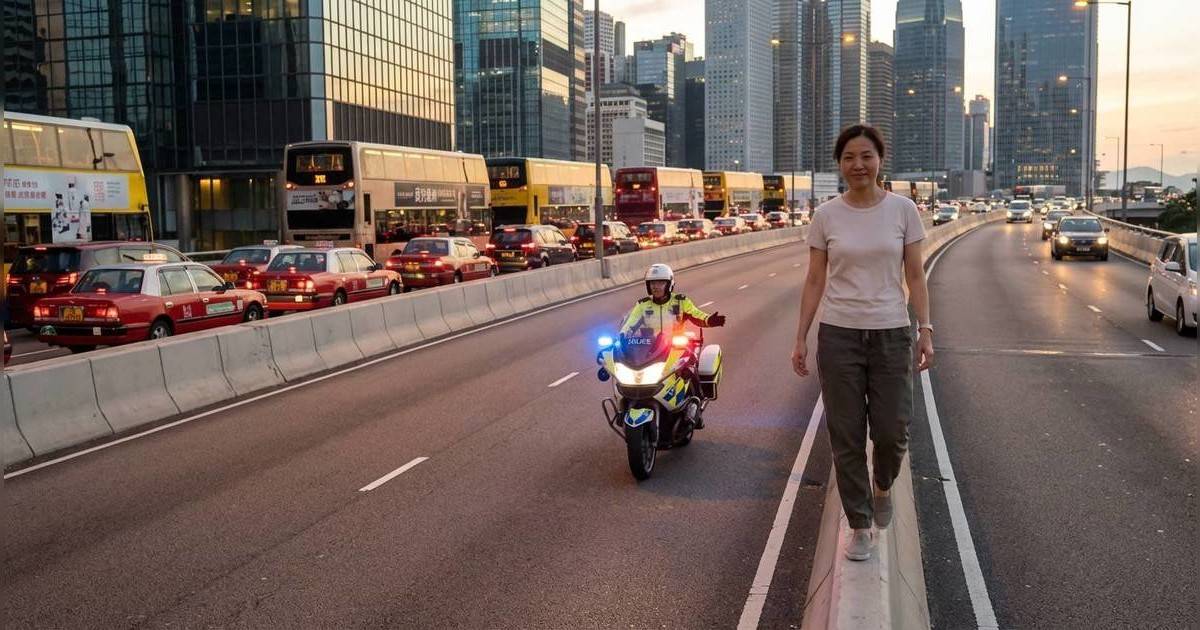 翻版吳倩蓮？｜中環天橋危險漫步惹車龍 鐵騎警貼身護航竟帶笑！