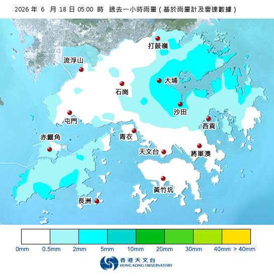 黃雨警告於清晨5時40分生效！附天文台各區雨量分佈圖
