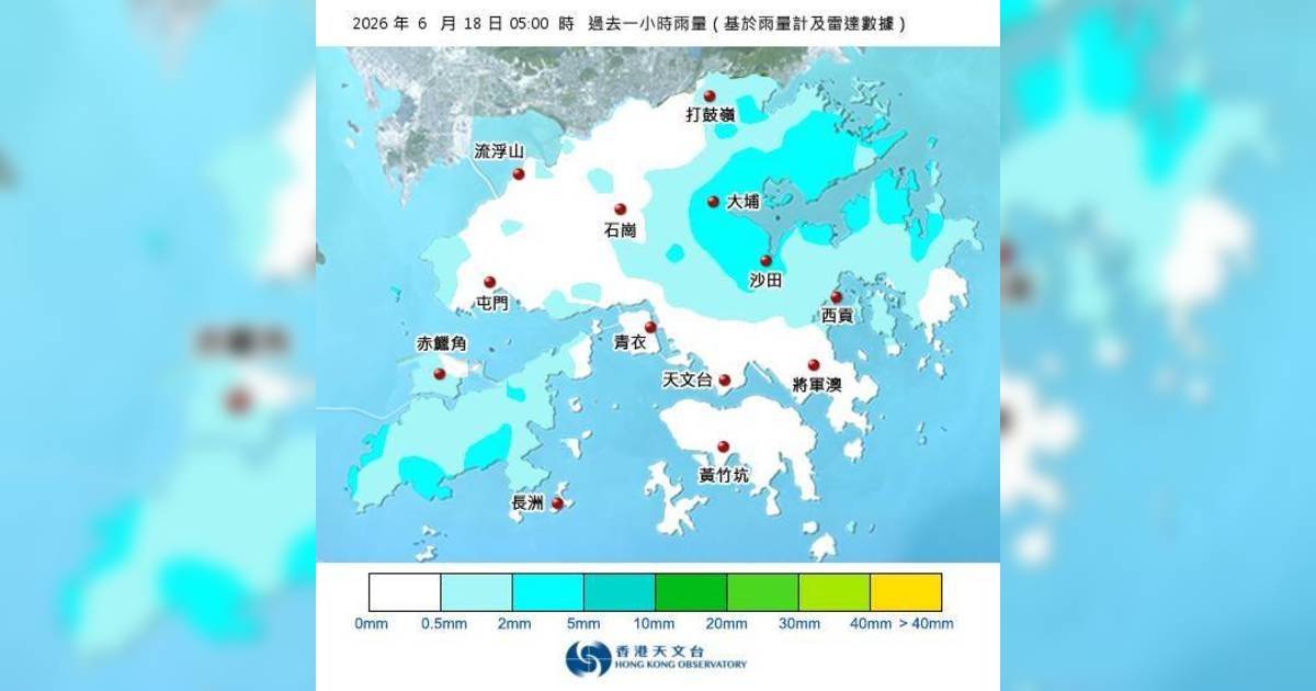 黃雨警告於清晨5時40分生效！附天文台各區雨量分佈圖