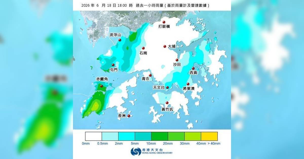 黑雨警告於傍晚6時35分生效！附天文台各區雨量分佈圖