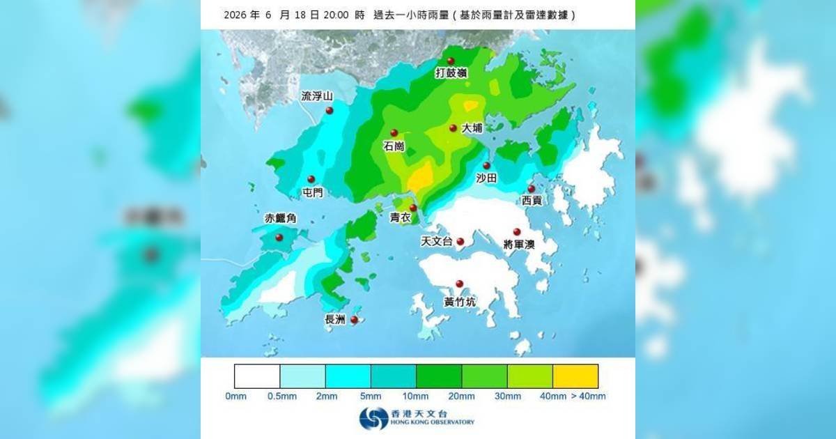 紅雨警告於晚上8時30分生效！附天文台各區雨量分佈圖