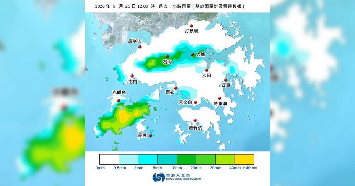紅雨警告於下午12時15分生效！附天文台各區雨量分佈圖