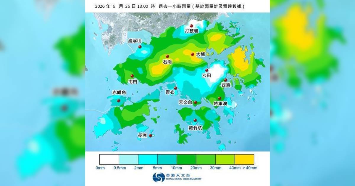 黃雨警告於下午1時20分生效！附天文台各區雨量分佈圖