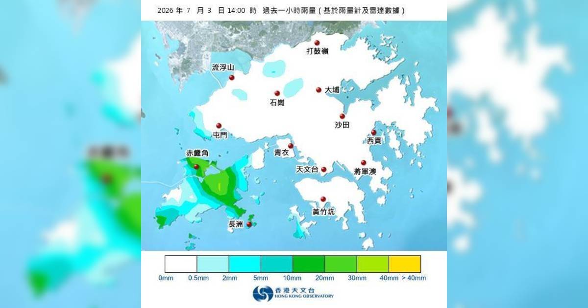 黃雨警告於下午2時10分生效！附天文台各區雨量分佈圖