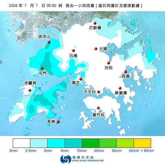 黃雨警告於清晨5時30分生效！附天文台各區雨量分佈圖