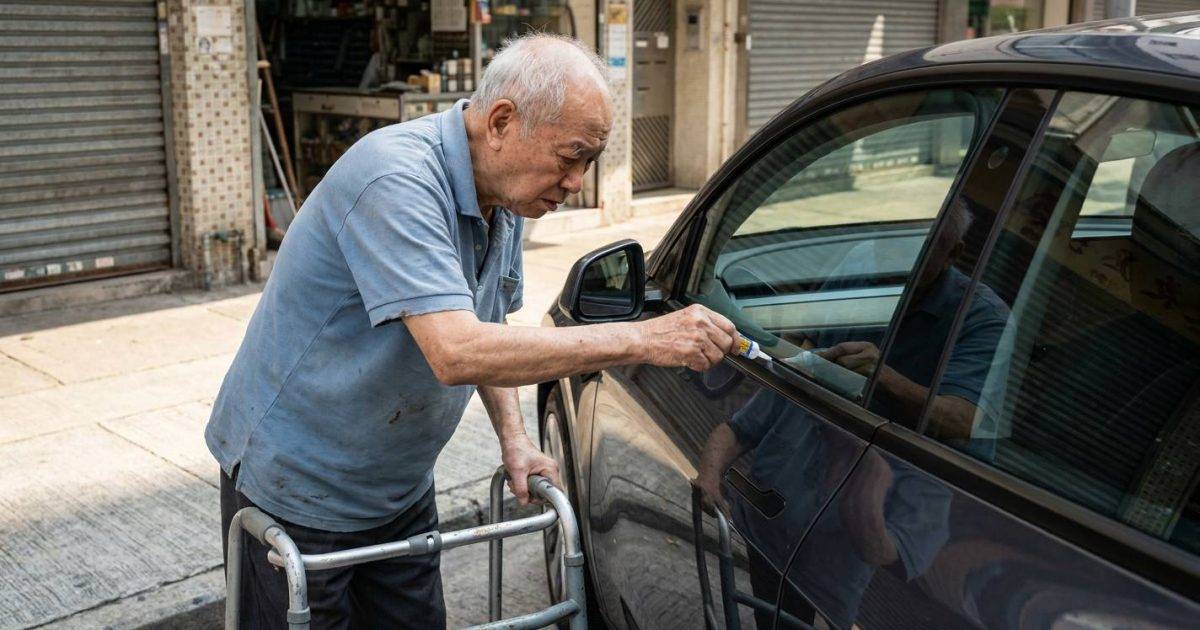 8旬老翁推助行架｜竟向Tesla車窗狂灌超能膠 車主睇Cam揭心寒真相嚇呆