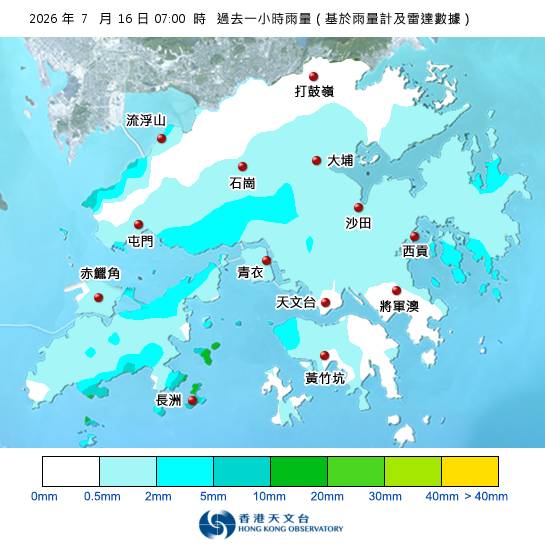 紅雨警告於上午7時40分生效！附天文台各區雨量分佈圖