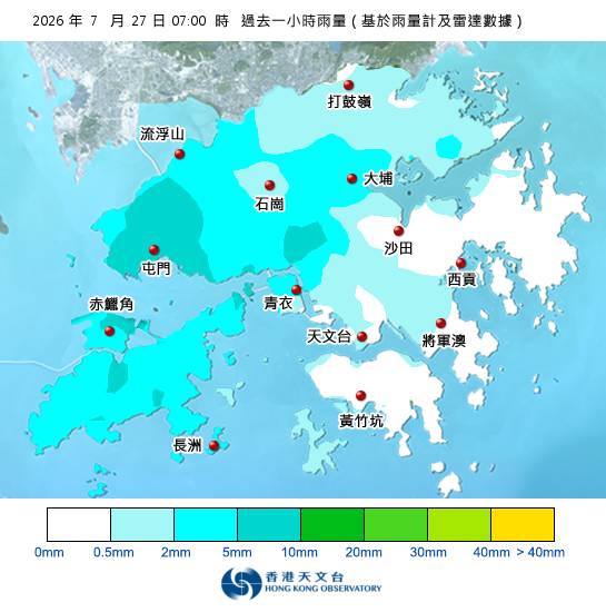 黃雨警告於上午7時45分生效！附天文台各區雨量分佈圖