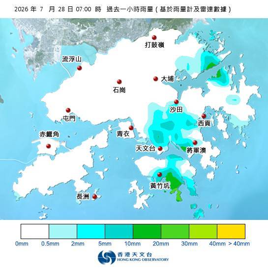 黃雨警告於上午7時15分生效！附天文台各區雨量分佈圖