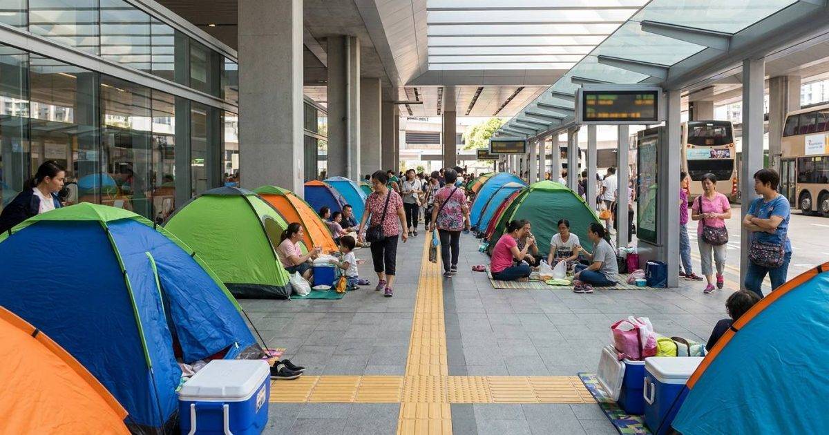 將軍澳康城淪陷｜外傭紮營霸佔巴士站 高峰期過百帳篷！居民呻爆：阻住條路！